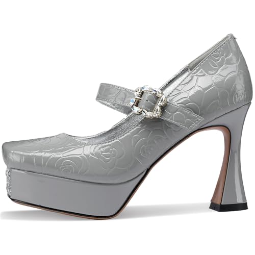 TDD Platform Heels for Women Patent Leather Square Toe Closed Toe Chunky Block Pumps Comfortable Dressy Wedding Elegantes Wide Comfortable Tacones 4 Inch High Heels (Grey, Size 7)2