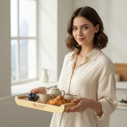 Image of Pine Wood Serving Tray Set of 2 with Handles | Medium 15x10x2.25 & Large 18x12x2.25 Inch | Multipurpose Wooden Breakfast, Tea, Coffee, Food Tray | Natural Finish