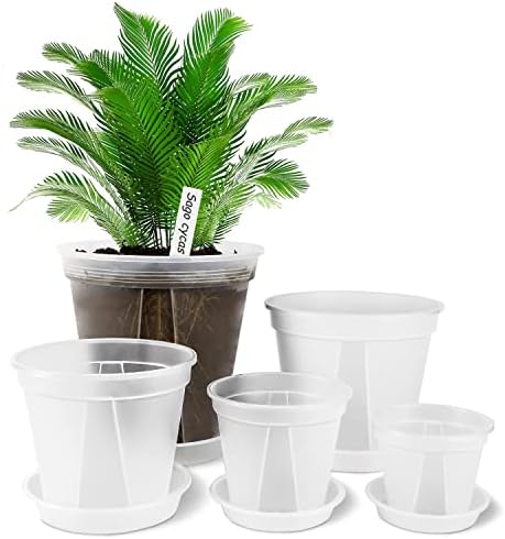GREENPARA Transparent Plastic Garden Pots Planter with Saucer 4/5 /6/7 /8 inch Plant Pot Nursery Pots Drainage Hole for House Plants, Herb, Flowers, and Cactus with 10pcs Plant Labels, 5-Set