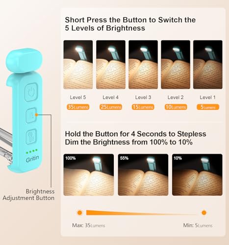 Gritin Reading Light, Rechargeable Book Light for Reading in Bed - Eye Caring 3 Color Temperatures, 5-Level Dimmable Brightness, Long Lasting, Compact Size Clip on Book Lamp for Bookworms-Blue