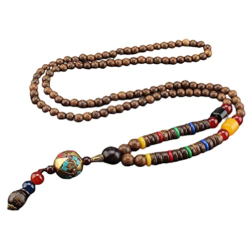 THTHT Pull Fait Main Vintage Long Collier Ethnique Chaîne Sculpture sur Bois Naturel Perles Rondes Népalais Bohemian Unisexe Simple Perlées Minimaliste Vêtements Accessoires