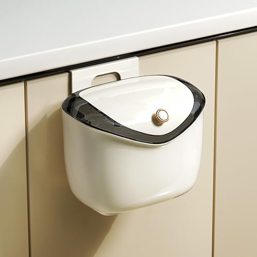 Image of House of Quirk Plastic Hanging Trash Can With Lid, Open Lid Design, Dual Sided Cabinet Door Hanging Wall Storage Bucket for Kitchen (7 Litre, Cream)