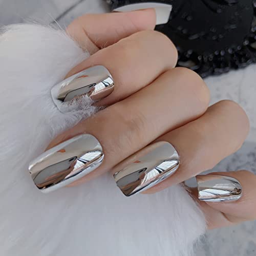 Ikiskt Metal Silver Press On Nails Medium Square Fake Nails Metallic High Shine Full Cover False Nail Kit Punk Style Artificial Pre-Design Nails For Women Decoration Manicure Gift #TOP1