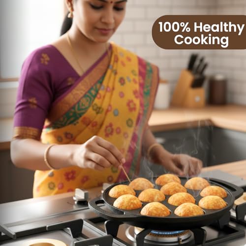 Image of Omichef Cast Iron Paniyaram Pan (Appe Maker) Pre-Seasoned 12 Pits Appam Maker | Small Paddu Pan | Naturally Non-Stick | Gas & Induction Compatible