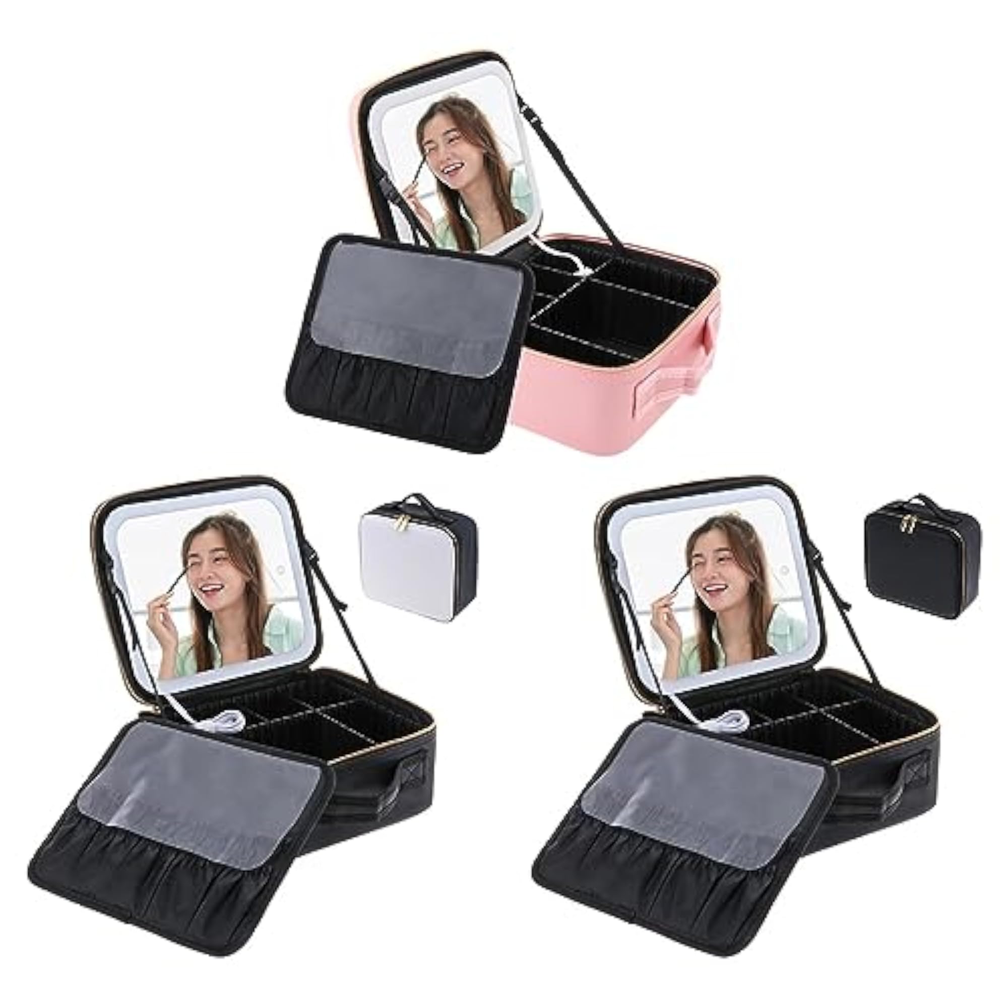 Travel Makeup Train Case with Mirror and Lights, Portable Pink