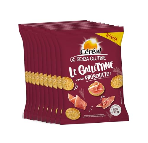 CÉRÉAL - LE GALLETTINE - Gusto Prosciutto, Snack salati senza glutine, Mini gallette gluten free a base di mais e riso al gusto di prosciutto - Ottimali per aperitivo e merenda, 10 confezione da 70 gr