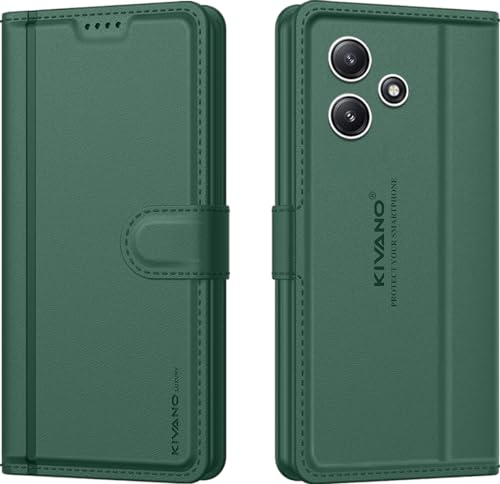 Image of KIVANO LUXE Compatible for Redmi 12 5G / Poco M6 Pro Luxury Handmade Leather Magnetic Flip Folio Case | Card Holder & Kickstand | Slim Protective Cover | Unisex - Green