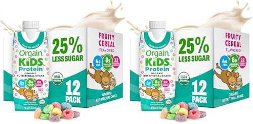 Image of Orgain Organic Kids Nutritional Protein Shake,Fruity Cereal - Kids Snacks with 8g Dairy Protein,22 Vitamins & Minerals,Fruits & Vegetables,Gluten Free,Soy Free,Non-GMO,8.25 Fl Oz,(Pack of 24)