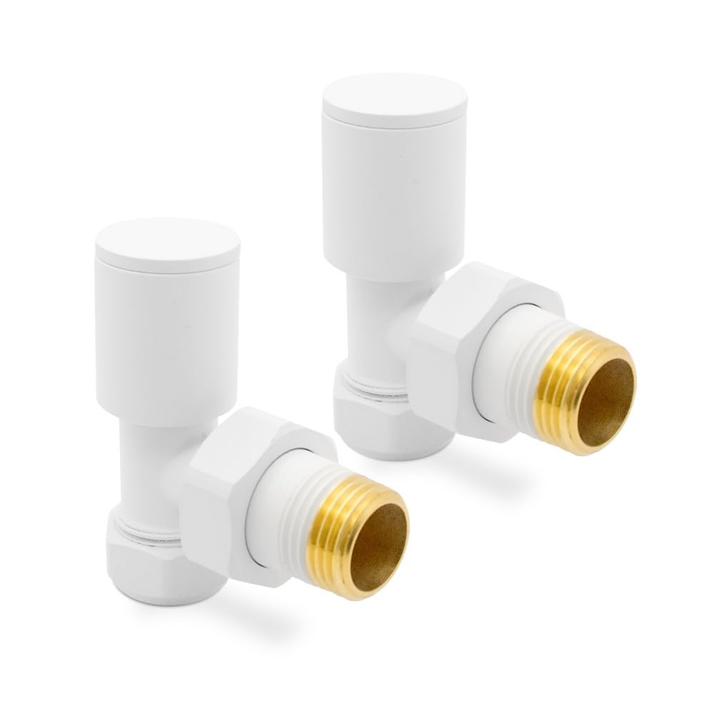 Matt White Angled Modern Standard Rounded Radiator Towel Rail Valves Central Heating (Pair) 1/2" BSP