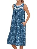 Bloggerlove Ladies Nightgowns Cotton Sleeveless Night Gown Long Summer House Dress with Pockets Loungwear(Navy,XL)