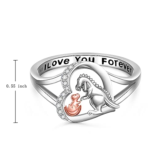 Fenthring Dinosaur Ring Heart Mothers Day Dino Rings for Women Friendship Sterling Silver I Love You Forever Animal Jewelry Band Gifts Size 6 7 8 9 102