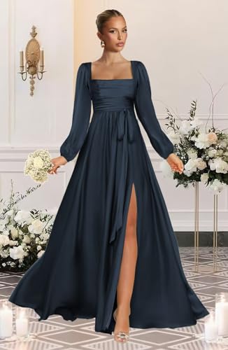 Satin Bridesmaid Dresses with Slit Long Sleeve Square Neck A Line Maxi Formal Dress OE674
