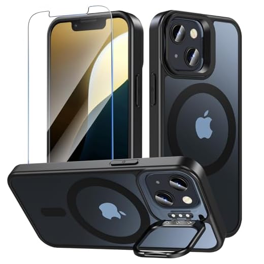 OWKEY Coque pour iPhone 13/12 Mini avec Béquille Intégrée,Compatible avec MagSafe, Housse Militaire avec Protection Écran, Étui Magnétique Antichoc, Résistant Rayures, Translucide Noir