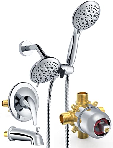 Image of SR SUN RISE Shower System with Tub Spout Rain Shower Tub Set, High Pressure 35-Function Dual 2-in-1 Shower Combo Faucet with Valve, Patented 3-Way Water Diverter in Polished Chrome(Valve Included)