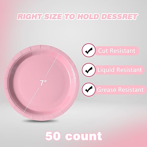 Image of Pink Disposable Paper Plates, 7 Inch Dessert Cake Plates, 50 Count Bulk | Sturdy and Durable Party Plates, for Birthday, Baby & Bridal Showers, Halloween, Christmas,BBQ, Weddings,for Cake & Snacks