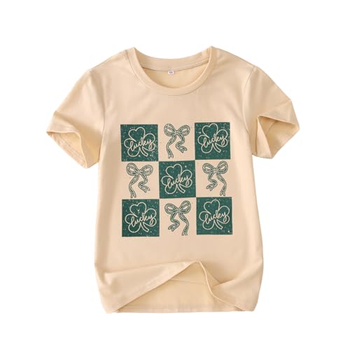 Image of GLIGLITTR Kids St Patricks Day Shirt Girls Bow Shamrock Clover Lucky Graphic T-Shirt Irish Short Sleeve Tee Tops 7-12 Years