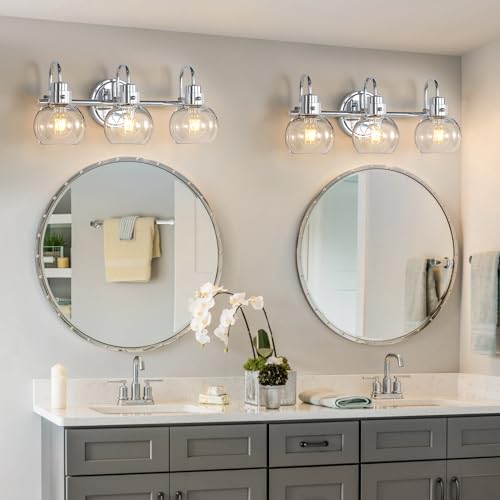 Image of Bathroom Light Fixtures Polished Chrome 3 Light Vanity Light Wall Sconces Lighting with Clear Globe Glass Shades Bath Wall Mount Lamp for Mirror Kitchen Porch Living Room Bedroom Hallway(E26)