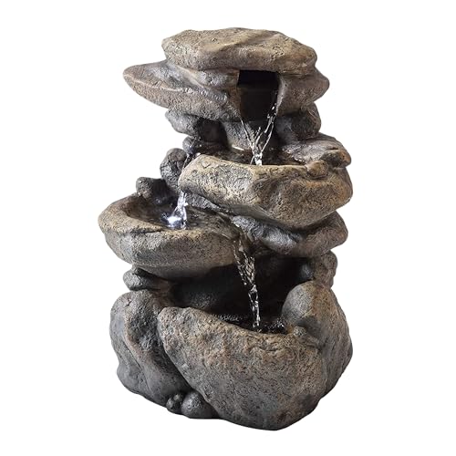 Alpine Corporation WIN472 Indoor Tabletop 3-Tiered Stone Fountain with LED Lights, Cascading Stone Water Fountain 11', Gray