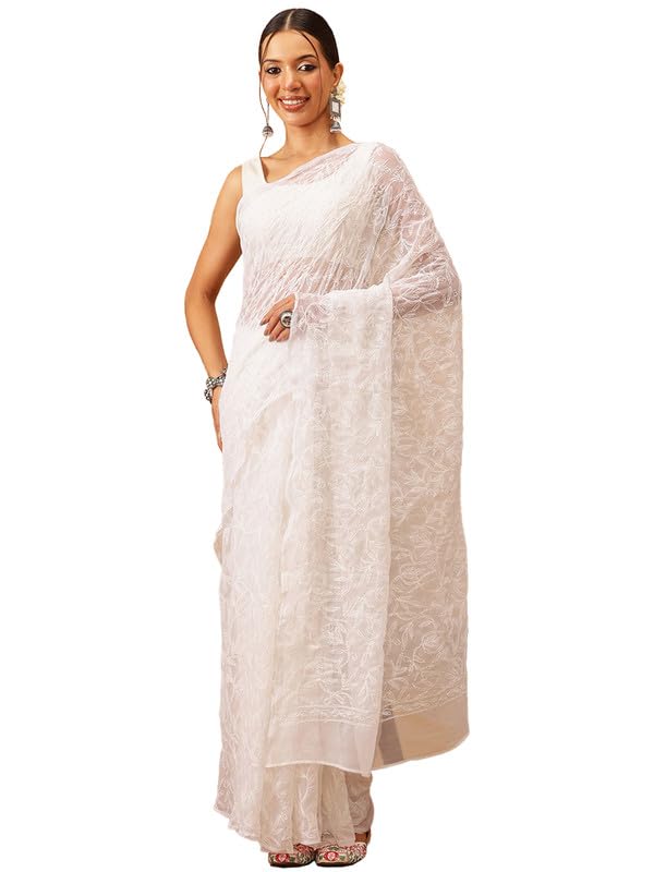 Image of Ada Hand Embroidered Lucknowi Chikankari Georgette Saree for Women with Unstitched Blouse Piece Tepchi Saree-3590