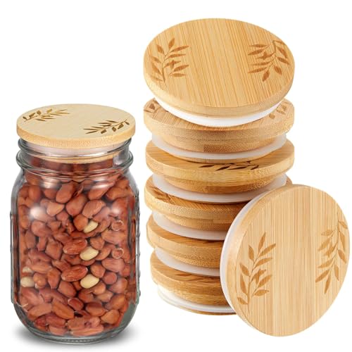 Beeveer 8 Pcs Regular Mouth Lids for Mason Jars 2.76 Reusable Wooden Leaf Pattern Storage Lids with Airtight Silicone Sealing Rings Round Canning caps for Food Storage