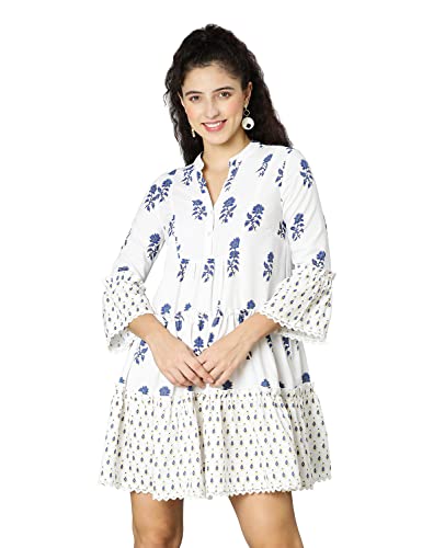 Image of oxolloxo Women Viscose Flared Regular Sleeves Floral Blue Casual Dress