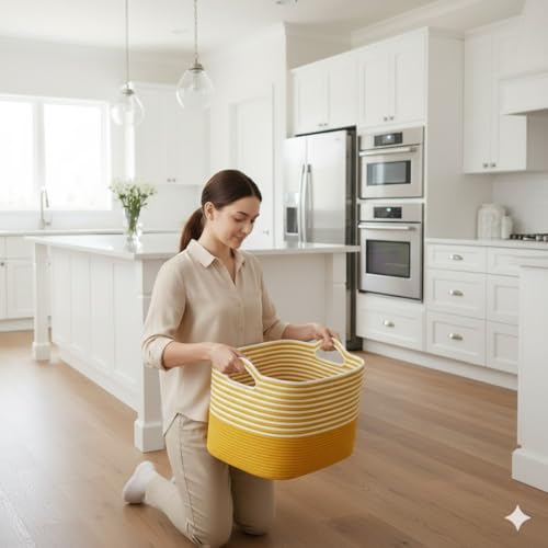 Image of Large Storage Basket, Woven Blanket Basket, Toy Basket with Handle, Laundry Hamper for Living Room, Nursery, Bedroom- 20x15x12 (LXWXH) (musted yellow mix)