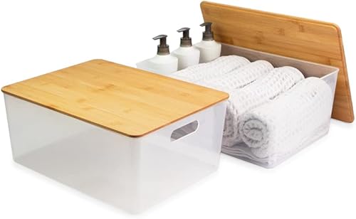 Isaac Jacobs - Juego de 2 contenedores de almacenamiento transparentes XL con asas recortadas y tapa de bambú organizadores de plástico para el