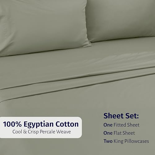 Image of California Design Den King Percale Sheets Set - Certified 100% Egyptian Cotton, Lightweight & Crisp Percale King Bed Sheets Egyptian Cotton Set, Deep Pocket Luxury Bedding (Sage Leaf)