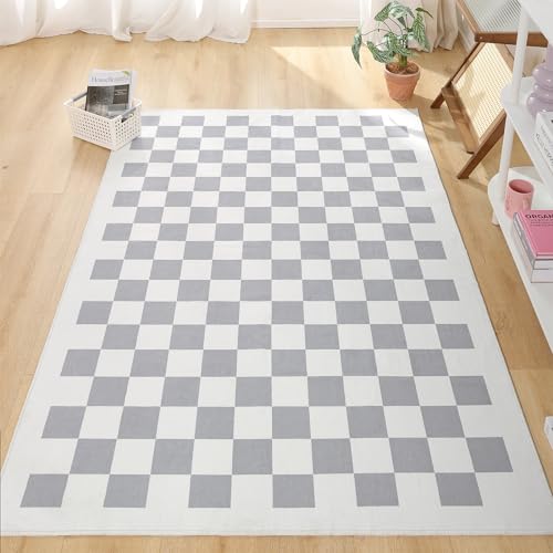 Image of TRUEDAYS Boho Checkered Rug - Soft Low Pile 3x5 Small Neutral Grey Checkerboard Washable Anti-Slip Indoor Rug - Modern Gray Area Carpet for Kitchen and Entryway