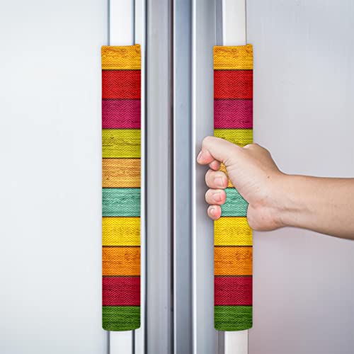 Image of Pardick Refrigerator Door Handle Covers Set of 2 Rainbow Wood Texture Washable Dishwasher Mocrowave Fridge Oven Door Decor Handle Cover Keep Your Kitchen Appliance Clean from Food Stains