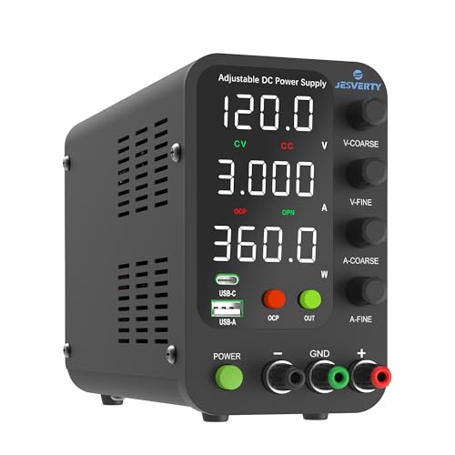 Jesverty DC Power Supply Variable, 0-120V 0-3A Switching Bench Power Supply with 20W USB & Type-C Quick-Charge, Encoder Corase & Fine Adjustment Knob, Output Switch, 4-Digit LED Display - SPS-12003V