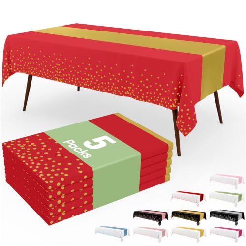Image of Smiry Plastic Table Cloth Disposable 5 Pack, 54 x 108 Inch Rectangle Waterproof Tablecloth, Printed Gold Table Runner Style for Birthday Weeding, Party Decorations, Leakproof & Sturdy, Gold and Red