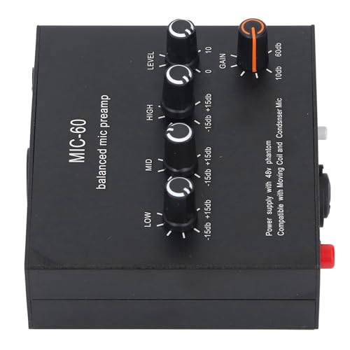 VELATEMOR Preamplificador de Micrófono, Interfaz XLR de 3,5 Mm, 6,5 Mm, Ganancia de 60 DB, Ajuste de Tono bajo, Medio y Alto para Mezclador de Tarjeta de Sonido
