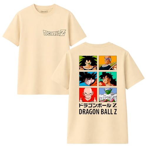 Dragon Ball Z T-Shirt, Beige, Logo à l'avant et Personnages de DBZ dans Le Dos : Son Gokû, Krilin, Piccolo, Raditz, Nappa et Badack (FR/ES, Alpha/Lettres,...