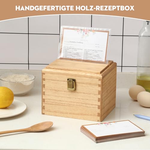 KIRIGEN Holzrezeptbox mit Karten und Unterteilungen Rezeptkartenbox Holzrezeptkartenschutz Rezepthalterbox mit ca. 100 Karten 12 Unterteilungen natürliche Farbe