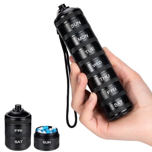 Weekly Metal Travel Pill Organizer - 7 Day Pill Box Waterproof Pill Case Aluminum Alloy Pill Container Portable Pill Holder for Medicine Supplement Fish Oil