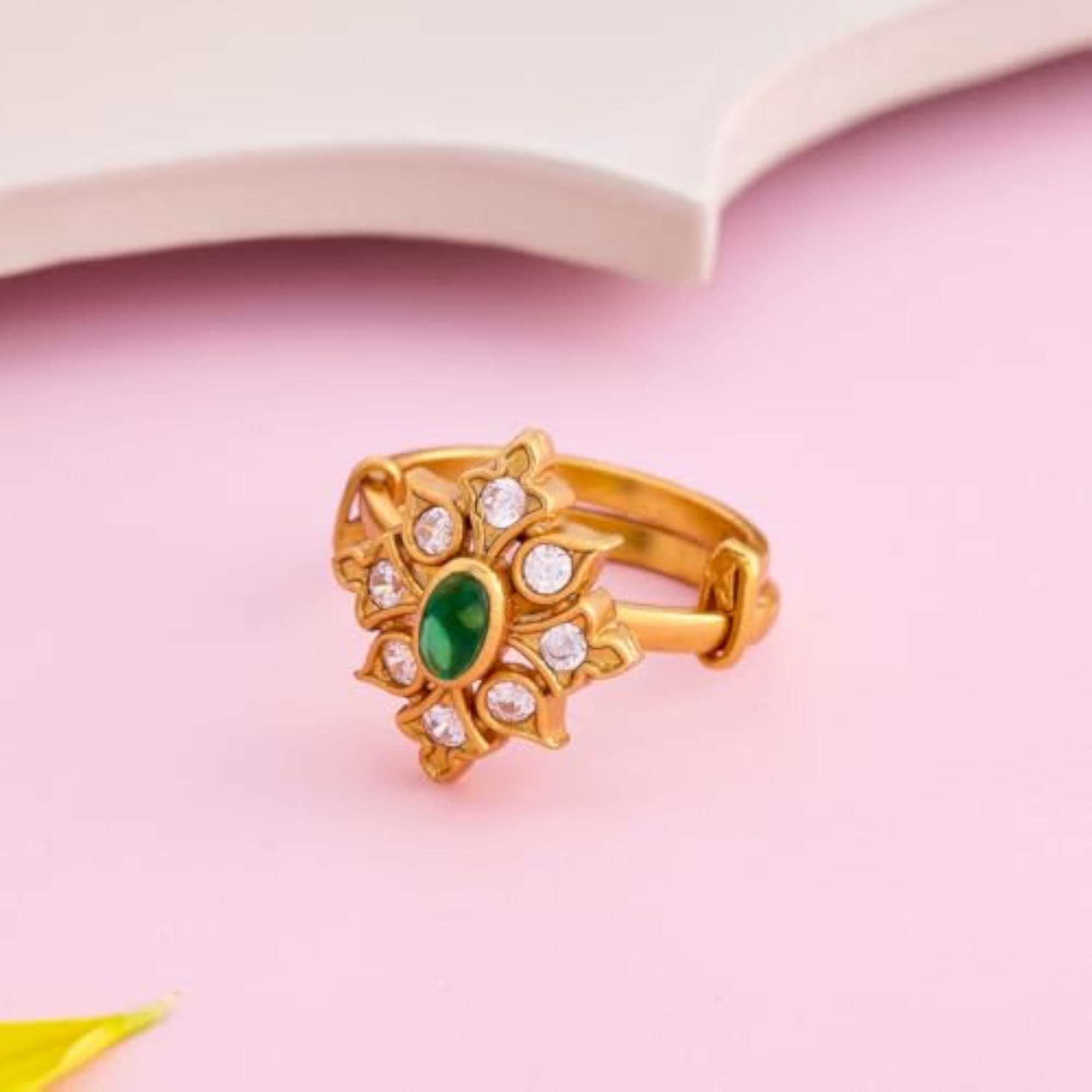 Women's Adjustable Green Gold Polished 92.5 Silver Temple Ring