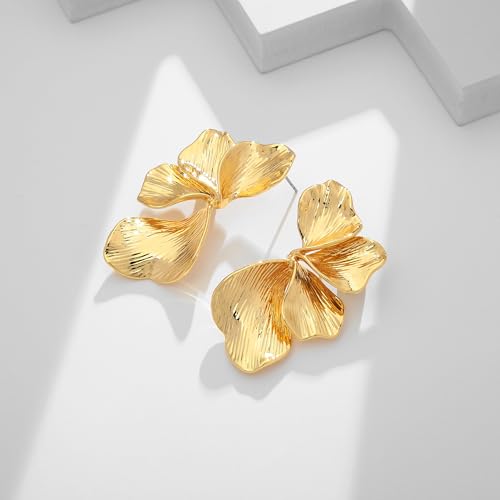 WOWORAMA Gold Flower Earrings for Women Chunky Gold Statement Earrings Vintage Metal Flower Leaf Earring Trendy Floral Drop Dangle Earring Jewelry4