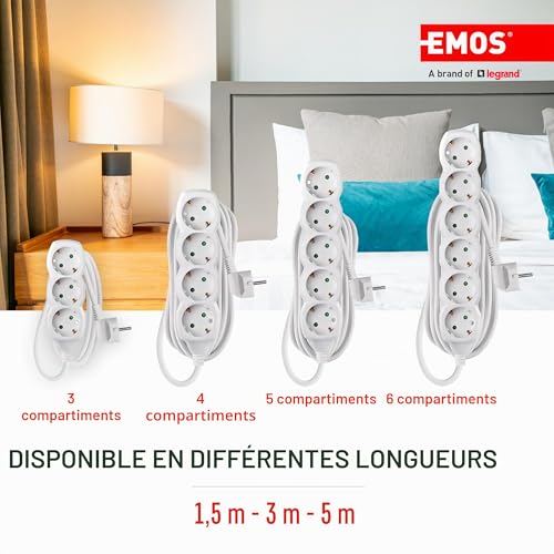 EMOS - Bloc multiprise 4 Prises 3 m - 4 Prises Schuko orientées à 45° - 250 V, 16 A, 3680 W - Isolation PVC de qualité supérieure - H05VV-F3G 1,5 mm² - Protection renforcée Contre Les Contacts - IP20 – vue 4