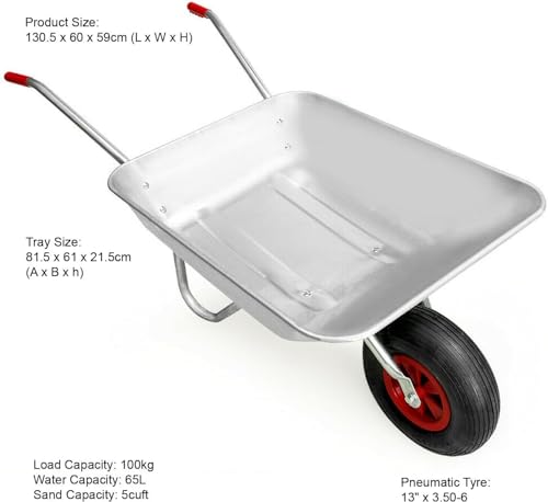 Wheelbarrow Home Garden Cart Galvanised with Pneumatic Tyre (65L) Silver, Suitable for Light/Medium Garden Work. 3 Wheelbarrow Home Garden Cart Galvanised with Pneumatic Tyre (65L) Silver, Suitable for Light/Medium Garden Work. - Image 3