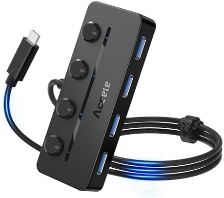 Aceele USB C Hub, USBC to 4-Ports USB 3.0 Hub with Type C Power Port and Individual On/Off Switches, 5Gbps USB C Splitter with 3.3ft Long Extender Cable Compatible for Laptops, MacBook Pro/Air