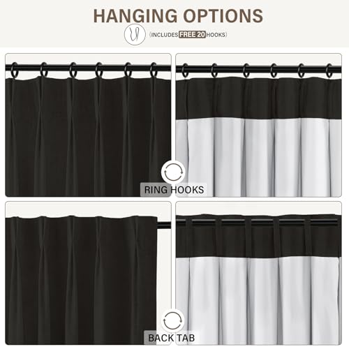 Pinch Pleated Blackout Curtains 84 Inch Long, Linen Blend, 100% Blackout Drapes with 20 Hooks, Ideal for Bedroom and Living Room, 40" W x 84" L (Pack of 2), Black