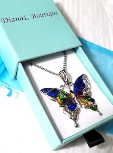 DianaL Boutique Silvertone Colorful Butterfly Pendant Necklace 24" Stainless Steel Chain2