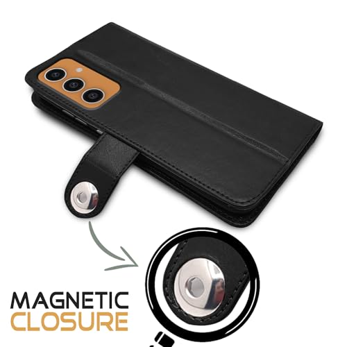 Image of Pikkme Samsung Galaxy S23 FE 5G Flip Cover Leather Finish | Wallet Stand and Shock Proof | Inside TPU with Card Pockets | Complete Protection Button Flip Case (Black)