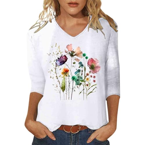 T-shirt à manches longues pour femme avec imprimé floral aquarelle - Haut blanc avec col en V - T-shirt décontracté avec motif artistique de fleurs...