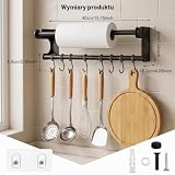 TLDBATICE Drążek kuchenny 40 cm z 8 haczykami, reling kuchenny, czarny, listwa z haczykami na przybory kuchenne, uchwyt ścienny, z załączoną instrukcją montażu do kuchni, łazienki i gospodarstwa