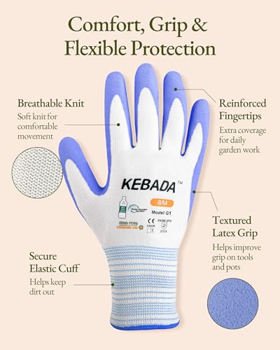 Image of Kebada Gardening Gloves for Women, MicroFoam Latex Coated, Gifts, 6 Pairs