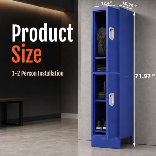 Image of BUTISOW 2 Door Metal Storage Locker for Gym Office, Heavy Duty Steel School | Locker with Lift Up Handle & Recessed Hasp, Slim 2-Tier Lockers for Home Garage, 72 inchH x 12.4 inchW x 15.75 inchD, Blue