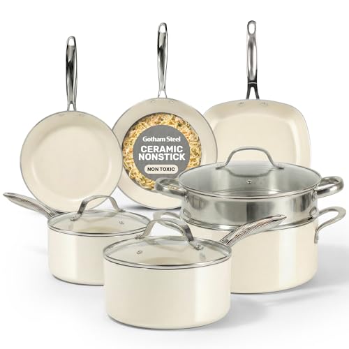 Image of Gotham Steel 12 Pc Ceramic Cookware Set Nonstick, Ceramic Pots and Pans Set Non Stick with Steamer for Cooking, Non Toxic PFOA PFOS Free, Premium Stay Cool Handles, Oven & Dishwasher Safe