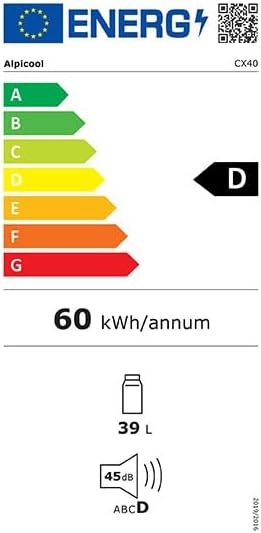 Energy label for Alpicool CX40 showing energy consumption and noise level